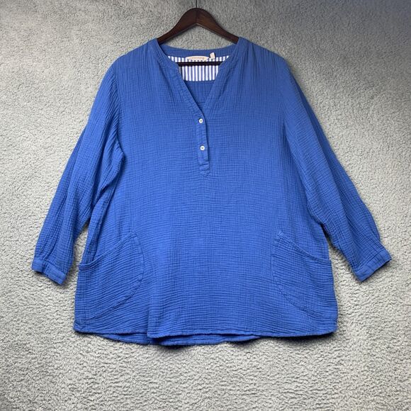 Soft Surroundings Shirt Womens 2X Blue Santorini Gauze Tunic Coastal Beachy - Picture 1 of 12